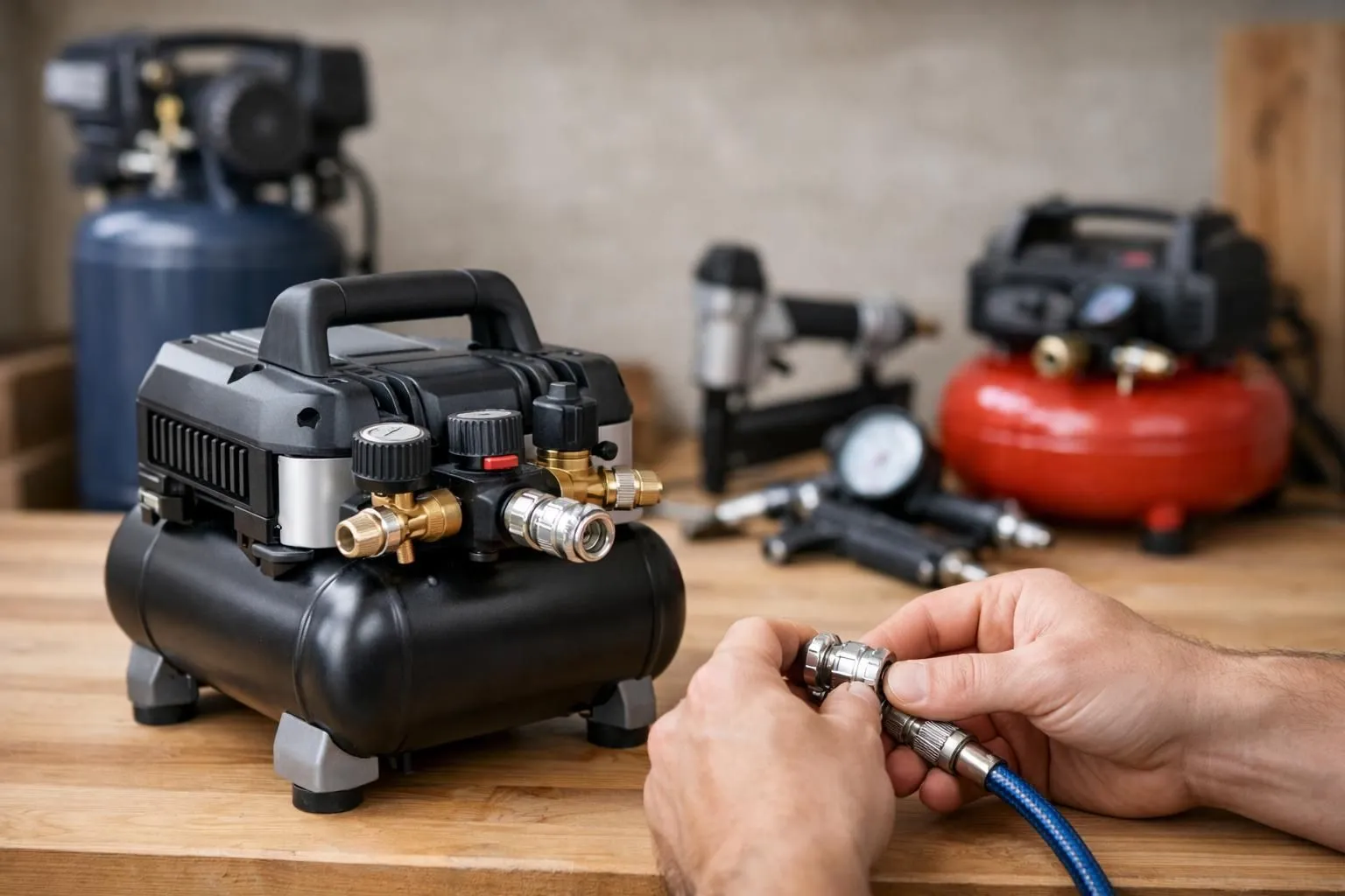 Meilleur compresseur d'air pour bricolage. Variété de modèles et outils pneumatiques sur établi pour projets DIY.