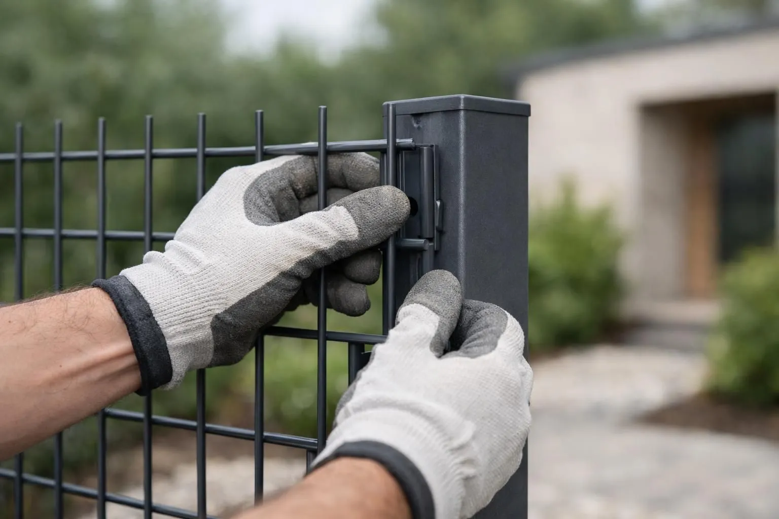 Détail de la pose professionnelle d'une clôture en grillage rigide, illustrant le prix moyen d'installation.