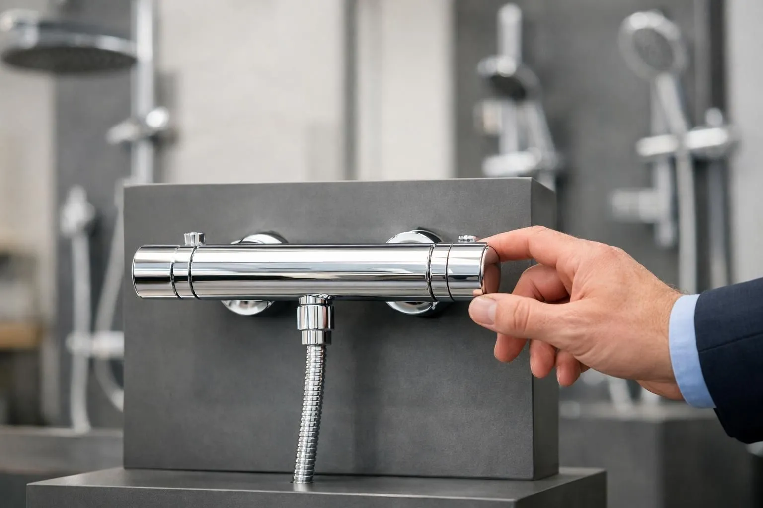 Main sélectionnant un robinet thermostatique de douche moderne pour l'achat, sécurité et modernisation.