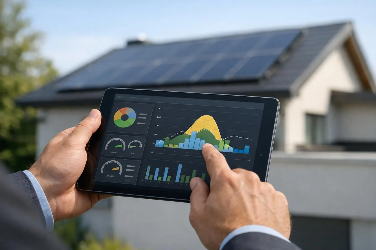 Mains analysant le prix installation panneaux solaires autoconsommation sur tablette, fond de panneaux solaires flous.