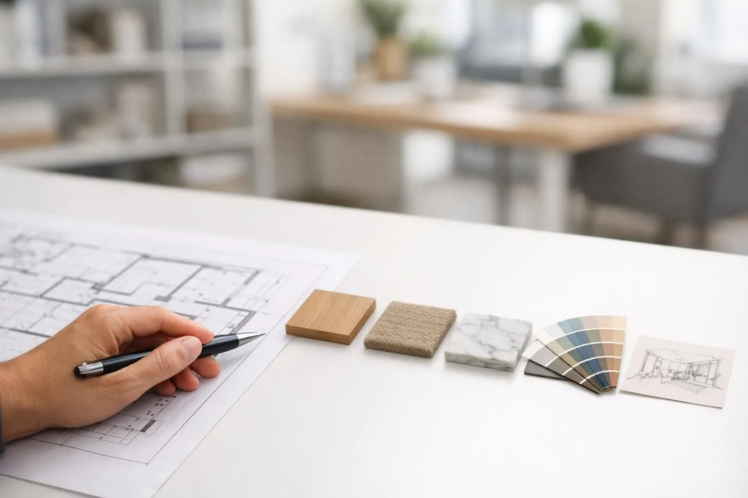 Comment choisir son architecte d'intérieur Lyon: main sélectionnant matériaux et plan pour un projet réussi.