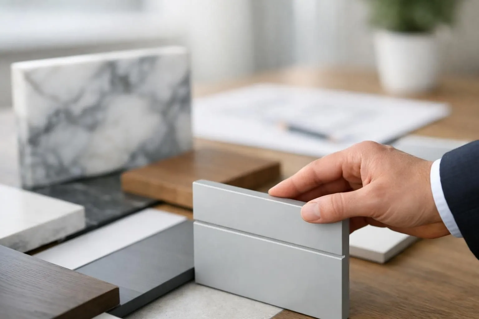 Mains comparant échantillons pour choisir une cuisine sur mesure ou modulable, design et matériaux.