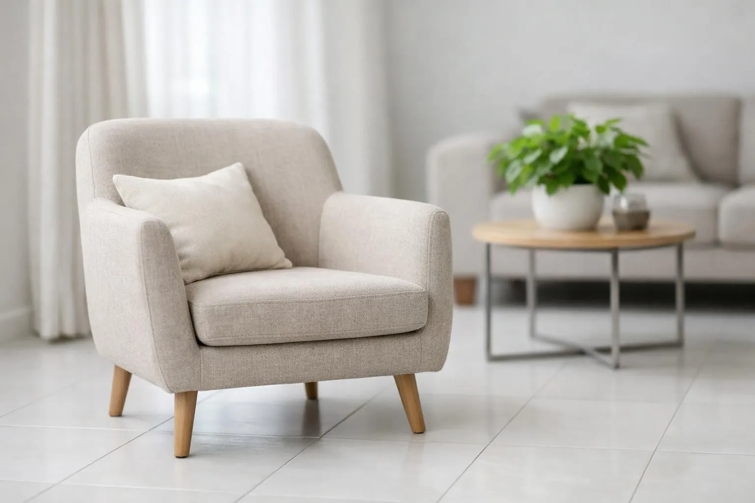 Idée déco salon avec carrelage blanc : coin cosy moderne avec fauteuil beige et plante, baigné de lumière naturelle.