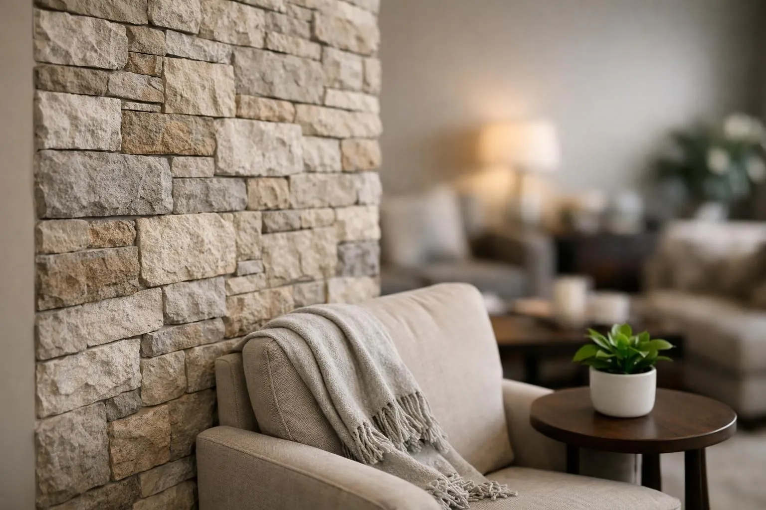 Idée déco salon moderne avec mur en pierre naturelle texturé, fauteuil confortable et plante verte pour un intérieur transfor