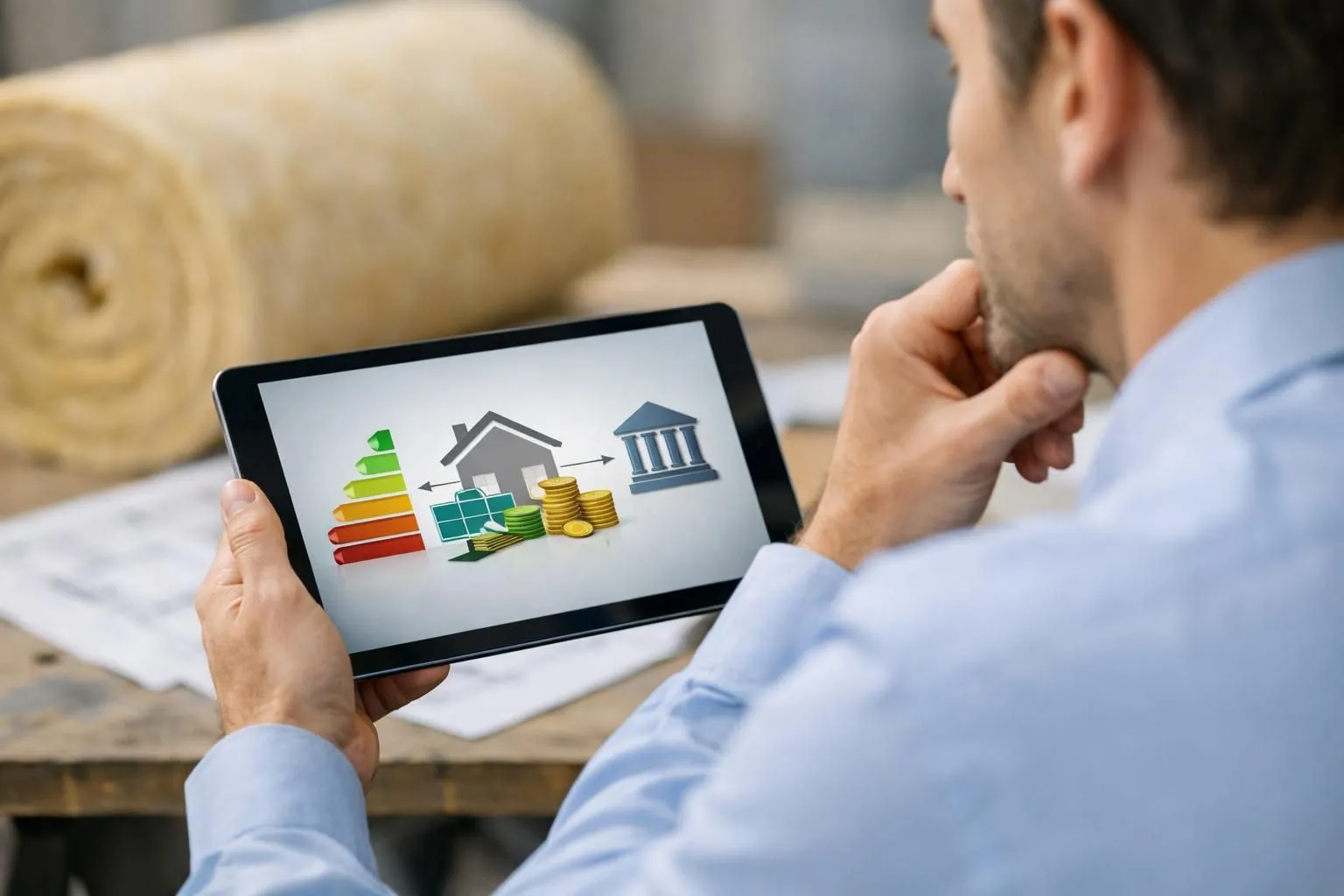 Personne consultant des informations sur les aides travaux isolation 2024 ma prime renov pour projet de rénovation.