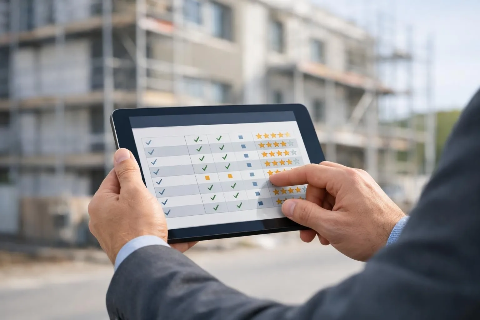 Professionnel évaluant des entreprises d'isolation extérieure RGE à Toulouse sur tablette, devant un bâtiment rénové.