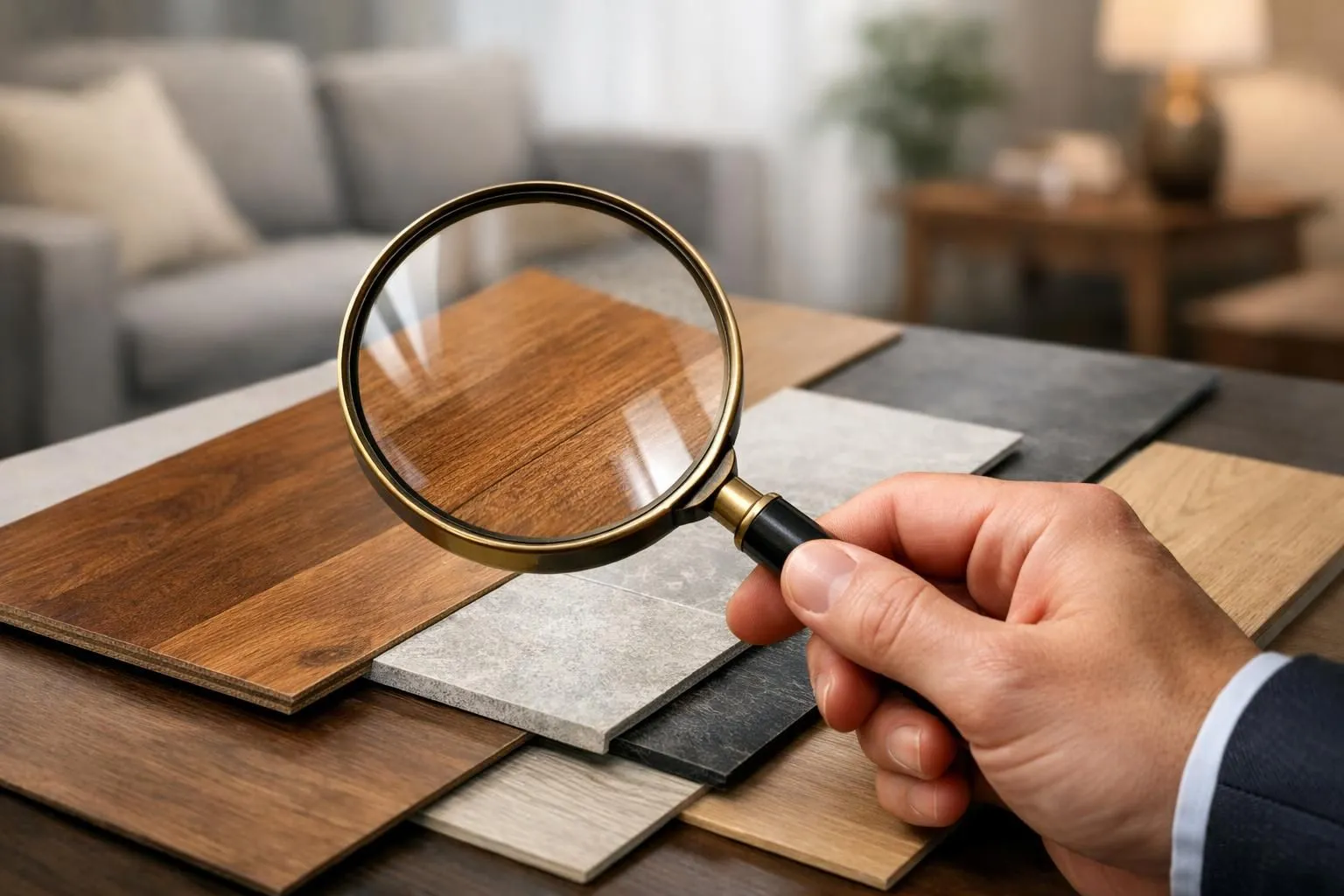 Main évaluant des échantillons de revêtement de sol de salon avec loupe. Meilleur revêtement sol salon avis pour choisir.