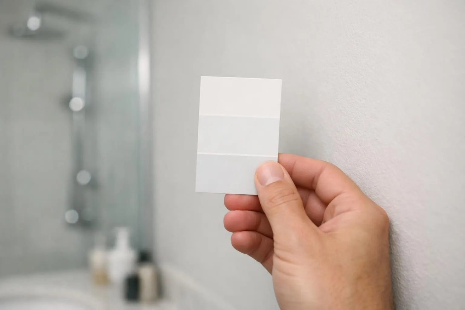 Main inspectant échantillon pour choisir peinture salle de bain anti moisissure, fond de salle de bain lumineux.