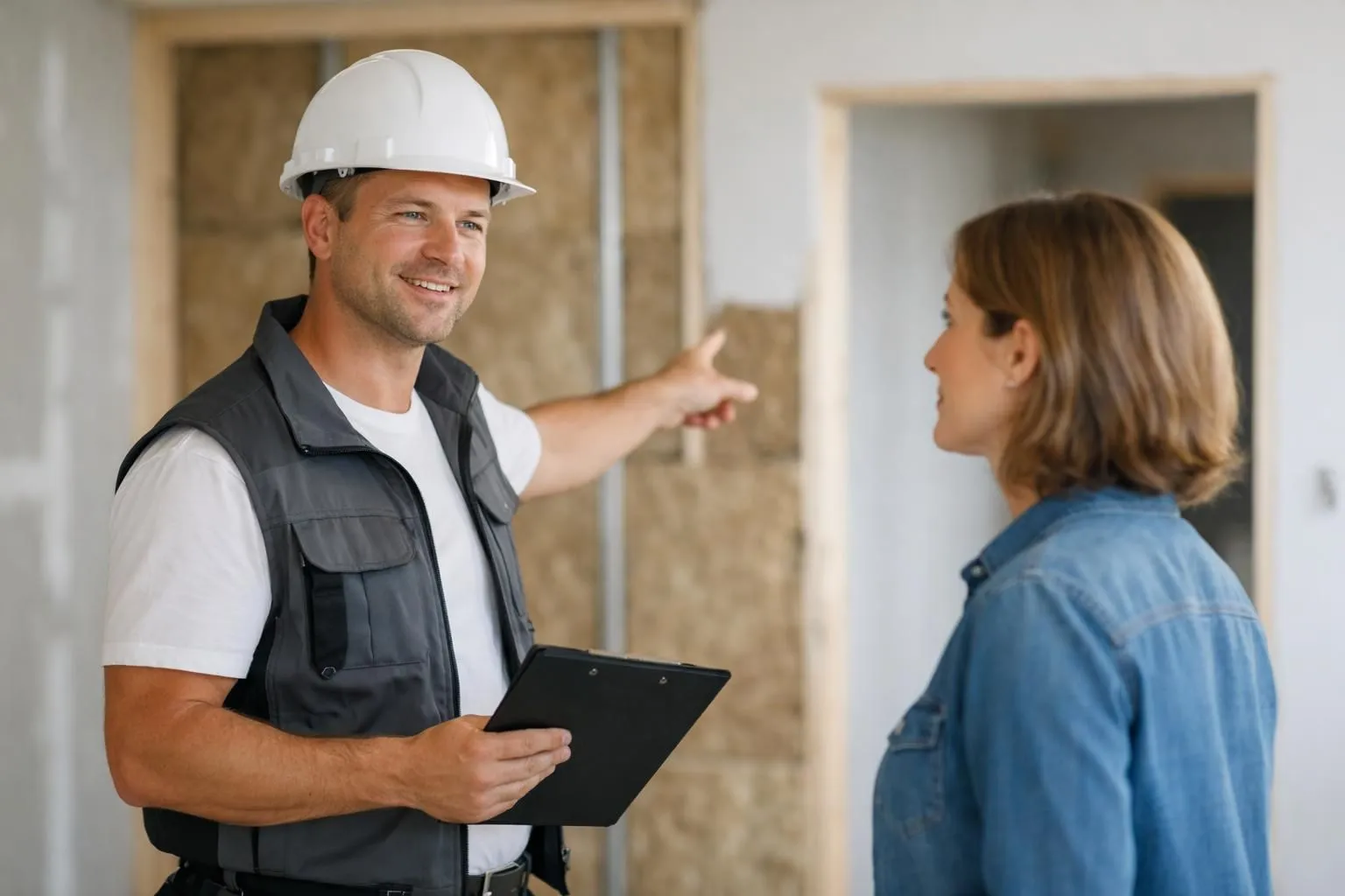 Artisan professionnel expliquant l'isolation intérieure à un client. Expertise pour choisir le bon pro.