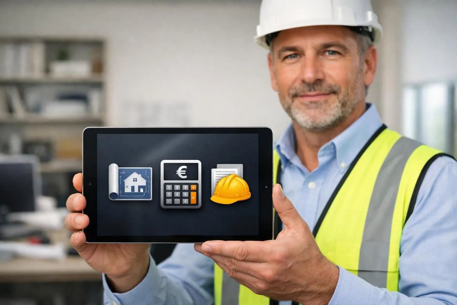 Entrepreneur compare les meilleurs logiciels de devis bâtiment gratuit sur tablette, symbolisant variété et choix.