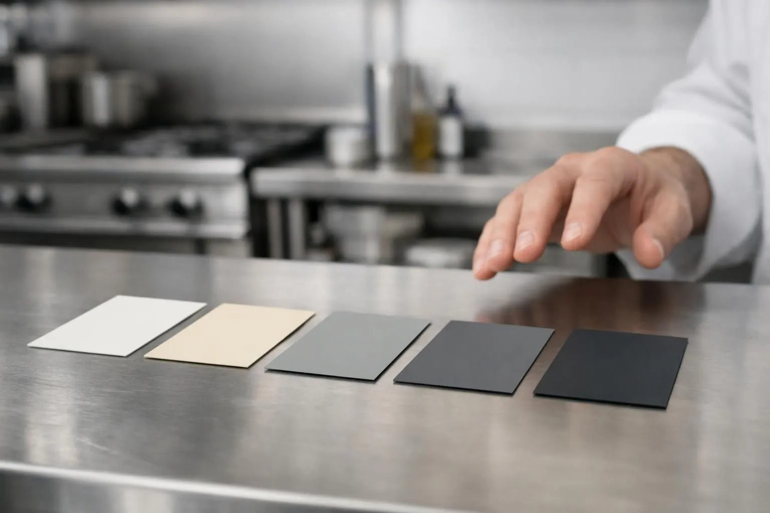 Un professionnel examine des échantillons pour choisir peinture cuisine professionnelle en 5 étapes faciles.