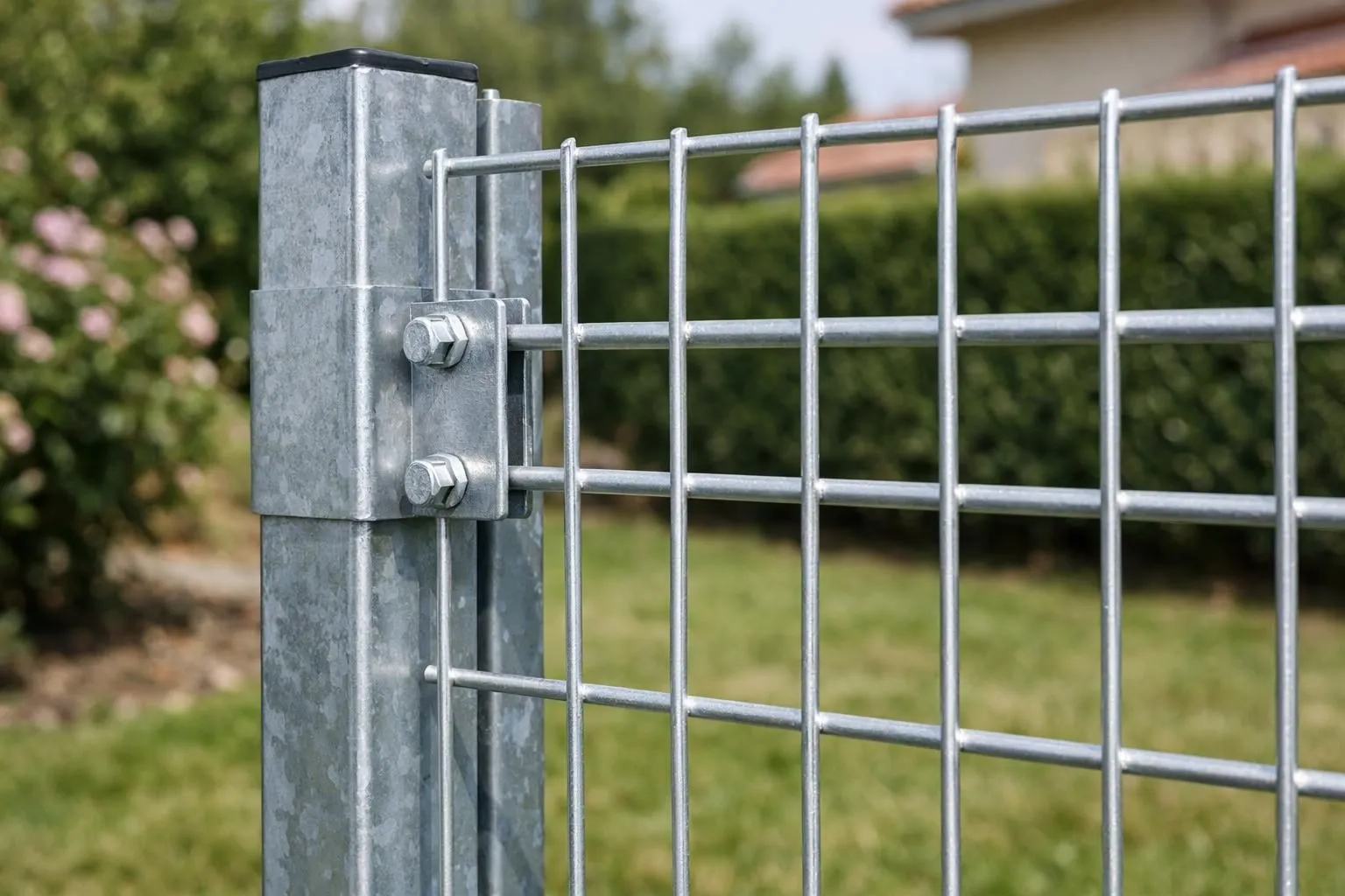 Close-up photograph of rigid wire fence panel showing galvanized steel mesh grid and vertical post with mounting bracket in French residential garden setting, highlighting welded construction quality and zinc coating finish