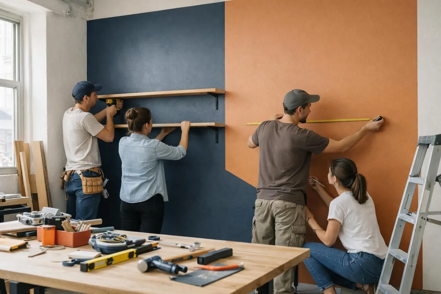 A compact student studio apartment during renovation, showing efficient space planning with workers installing storage solutions and measuring walls, construction tools visible, bright natural lighting from window, realistic scene without any text