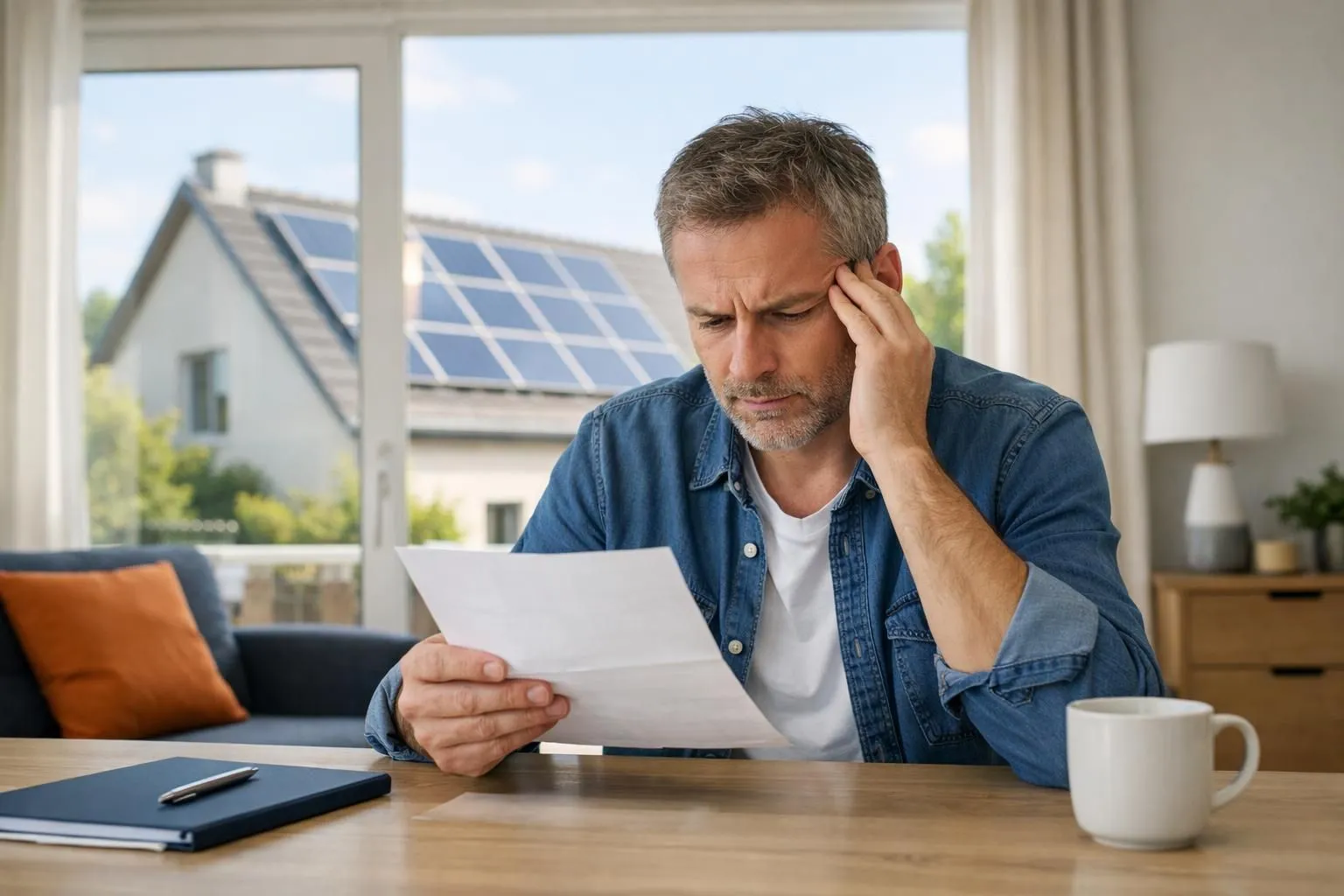 French homeowner reviewing electricity bill with visible solar panels on house roof in background, concerned expression, natural daylight streaming through window, realistic residential interior