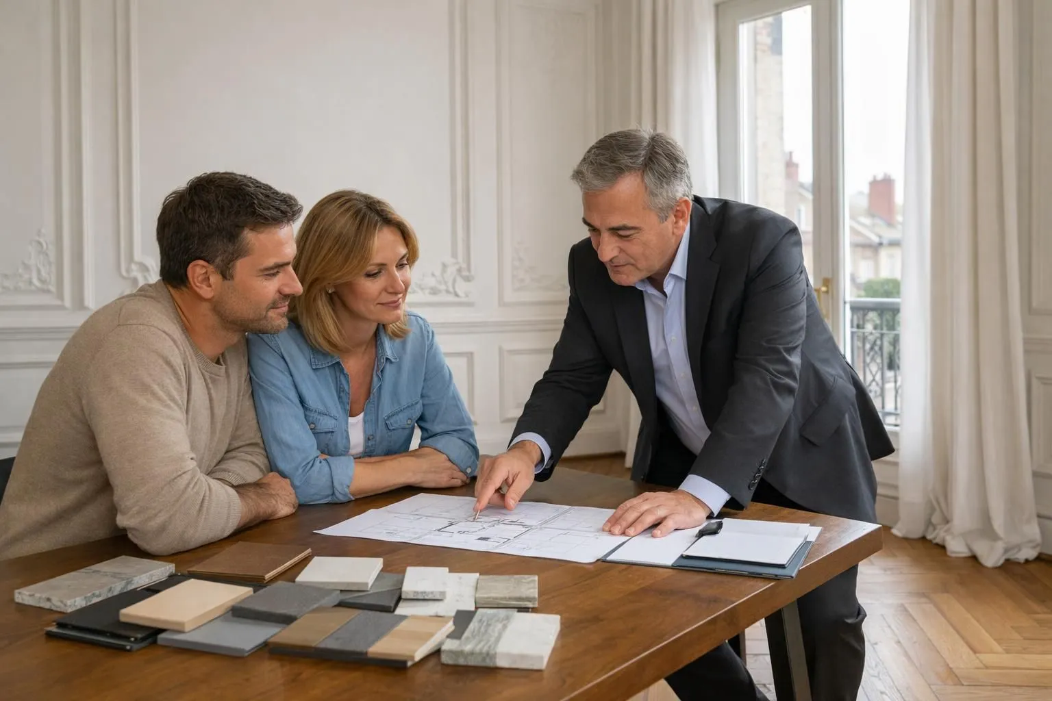 Interior architect in professional attire reviewing floor plans with couple in classic Lyon apartment featuring ornate moldings, herringbone parquet floors, and tall windows with natural light streaming in, consultation table with material samples