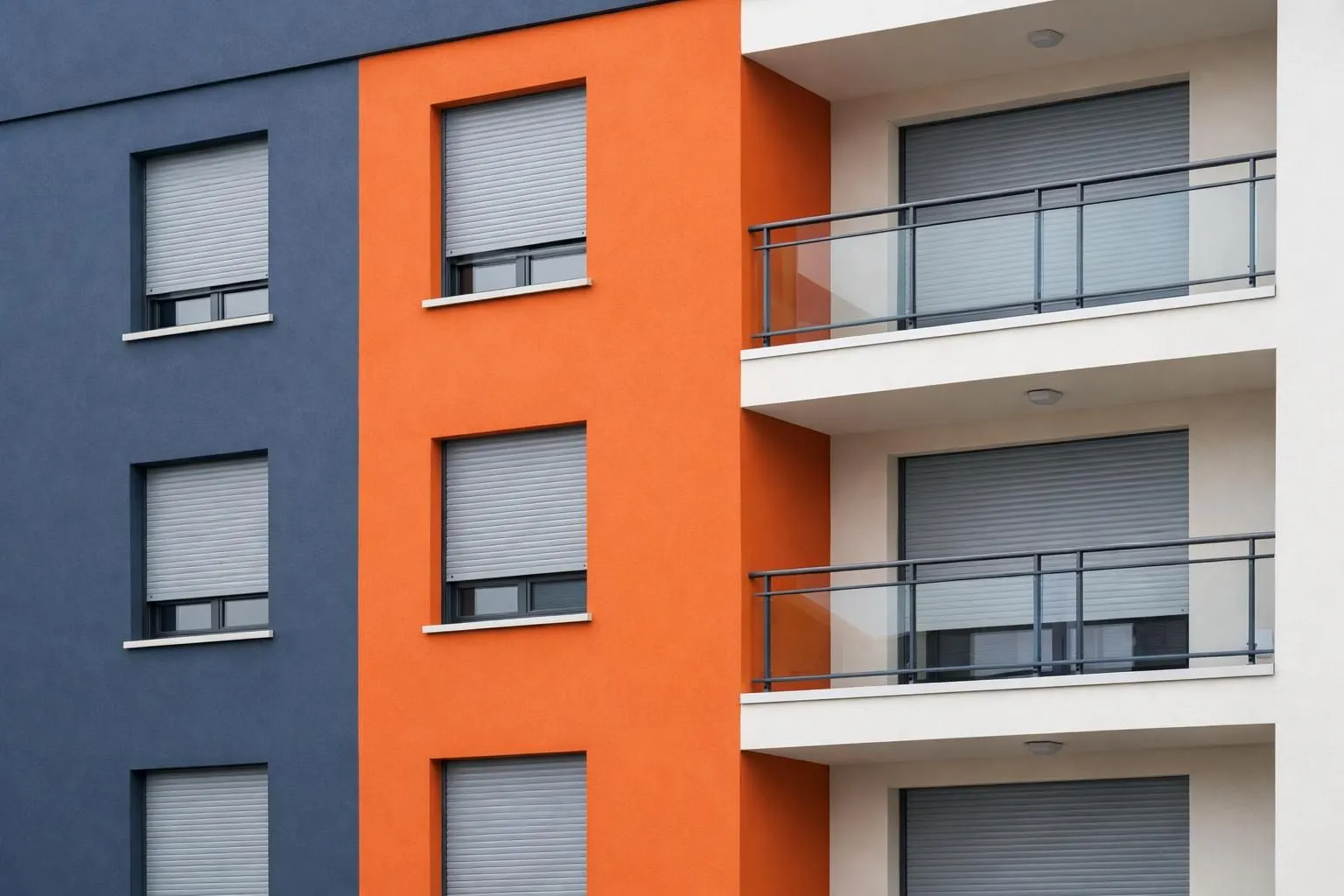 Modern French residential building façade showing sleek electric roller shutters on multiple windows, contemporary architecture with clean lines and natural lighting, realistic daytime photography