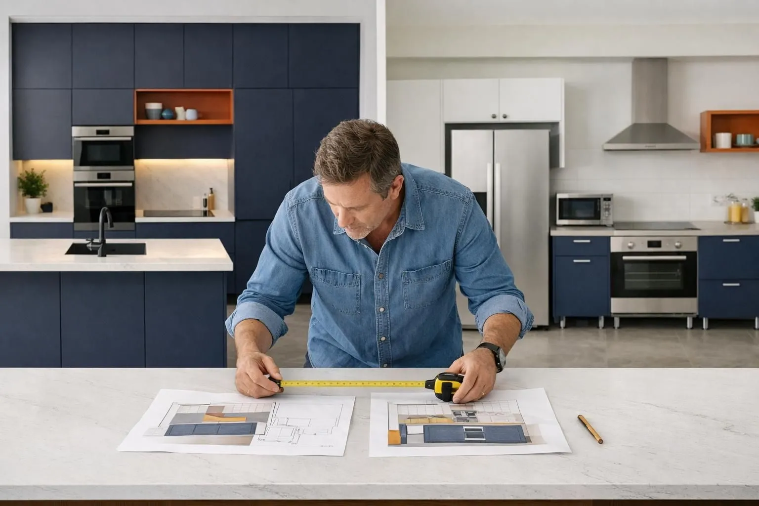 Split-screen comparison showing two kitchen layouts side by side: one modern custom-fitted kitchen with tailored cabinetry and integrated appliances, and one modular kitchen with standard units and visible gaps, homeowner examining both options with measuring tape and design sketches on countertop