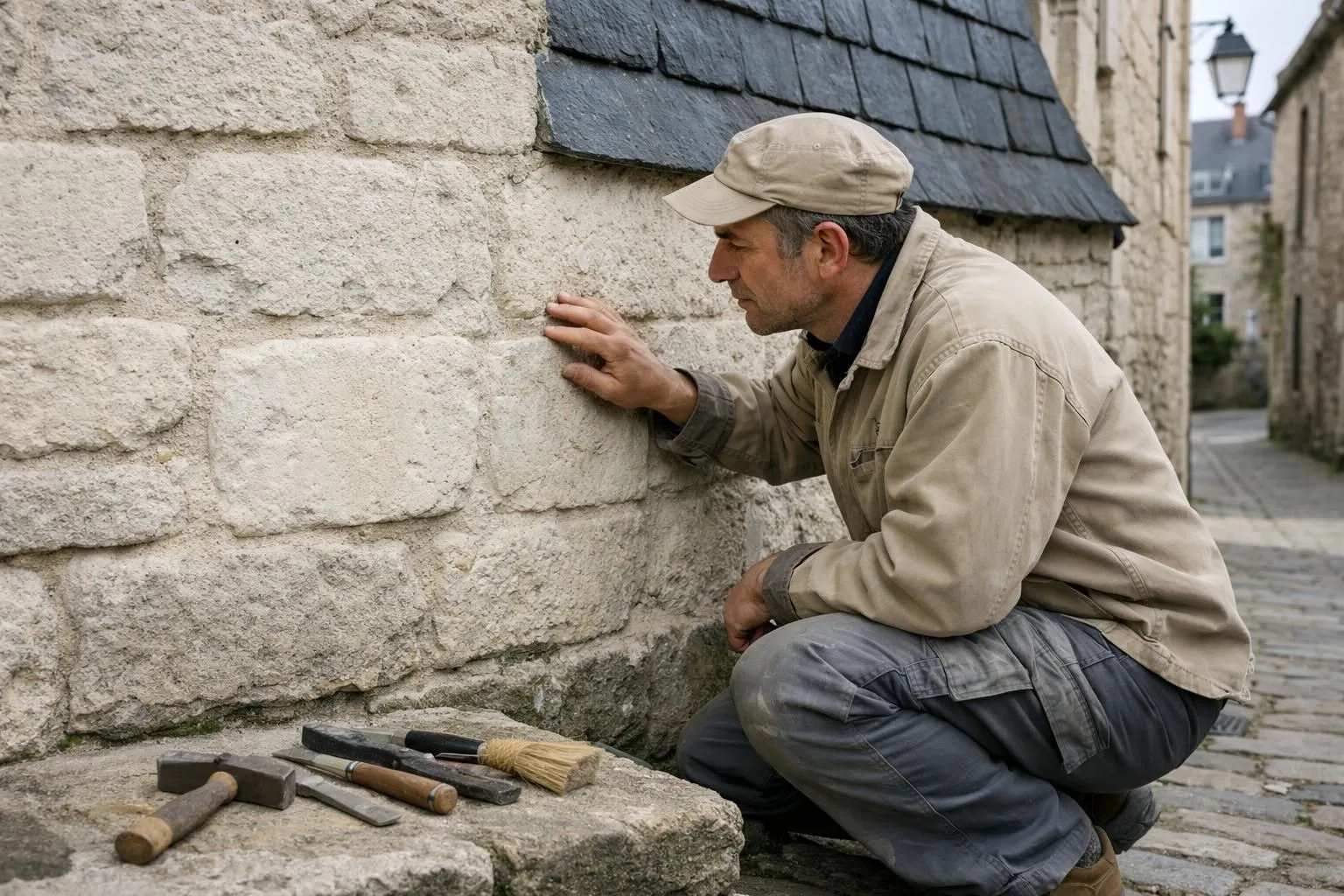 Artisan spécialisé examinant attentivement une façade en pierre de tuffeau d'une maison ancienne nantaise, avec des outils traditionnels posés à côté, dans le quartier historique de Nantes, lumière naturelle mettant en valeur la texture de la pierre et l'ardoise du toit