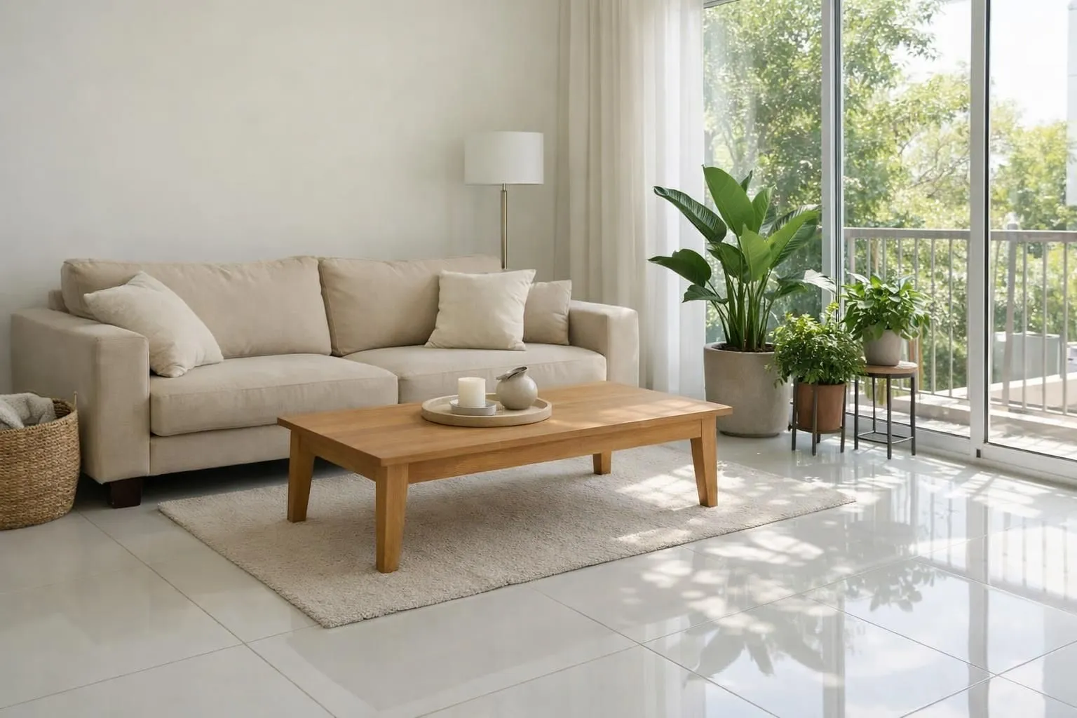 Modern bright living room with glossy white ceramic tile flooring, beige fabric sofa with colorful cushions, wooden coffee table, potted green plants near large window, warm afternoon sunlight creating natural shadows, cozy lived-in atmosphere