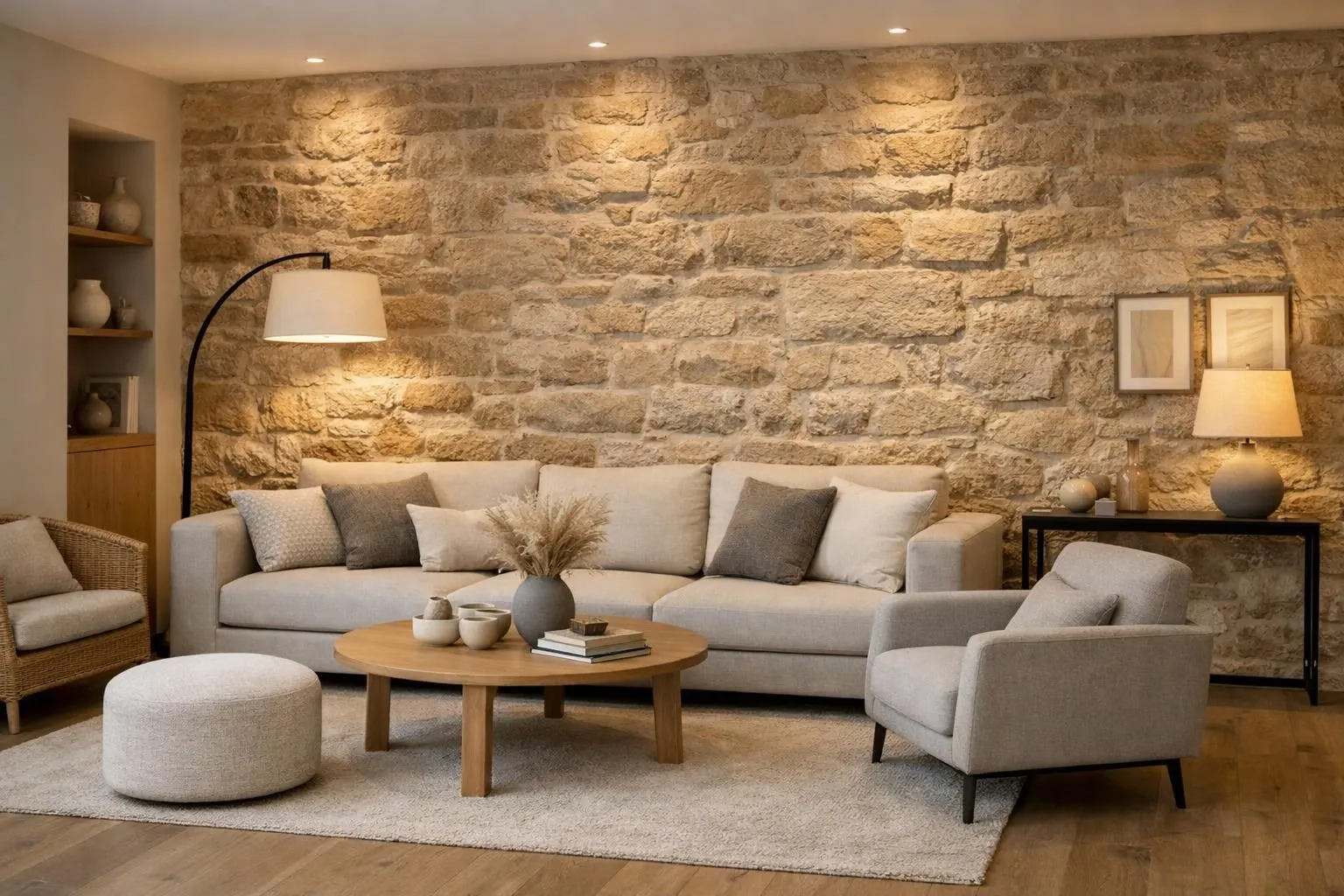 Modern French living room with exposed natural stone accent wall, warm ambient lighting highlighting stone textures, contemporary furniture arrangement with neutral tones, cozy atmosphere showing how stone transforms interior design