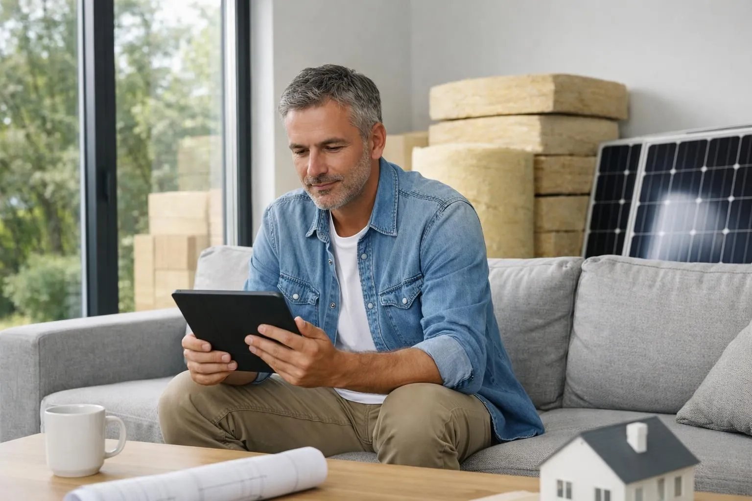 French homeowner in modern living room examining solar panel installation documents on tablet, with energy-efficient windows and insulation materials visible in background, natural daylight highlighting eco-friendly home improvements
