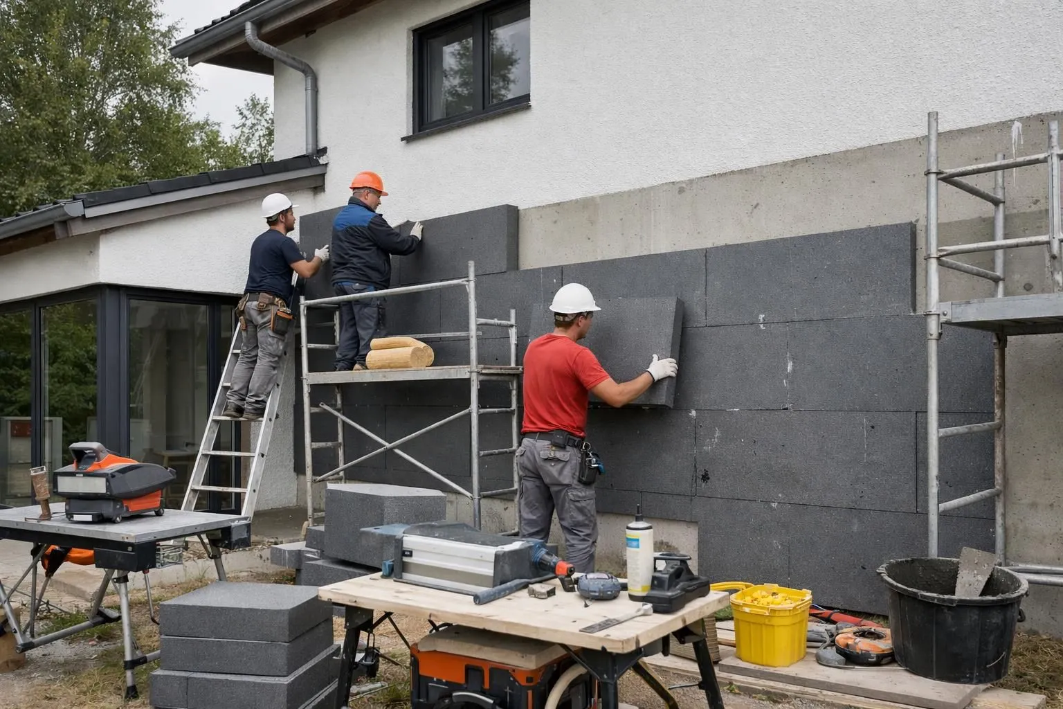 Modern French residential house with workers installing exterior thermal insulation panels on walls, professional renovation equipment visible, realistic daytime scene showing home energy efficiency improvement