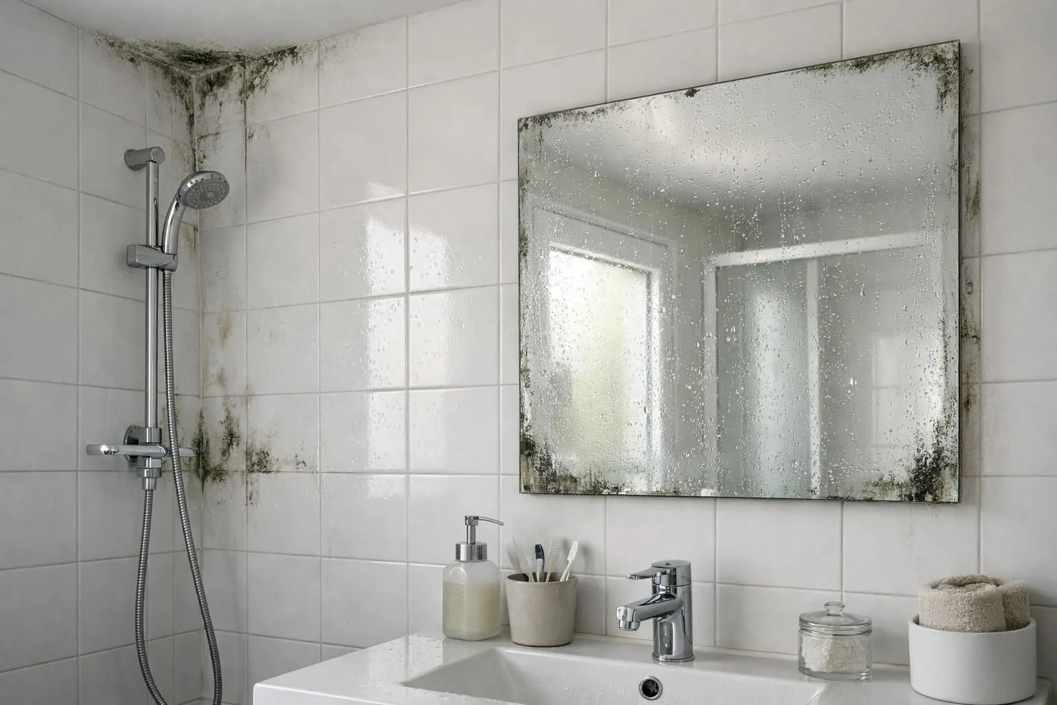 Modern French bathroom with visible moisture condensation on white tiled walls and mirror, soft natural light revealing water droplets, realistic photography showing humidity challenges in daily bathroom environment
