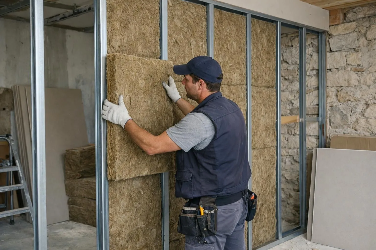A skilled tradesperson installing insulation panels on an interior wall in a French home renovation site, showing thermal insulation material being fitted between metal studs before plasterboard installation, realistic workshop lighting, professional construction setting