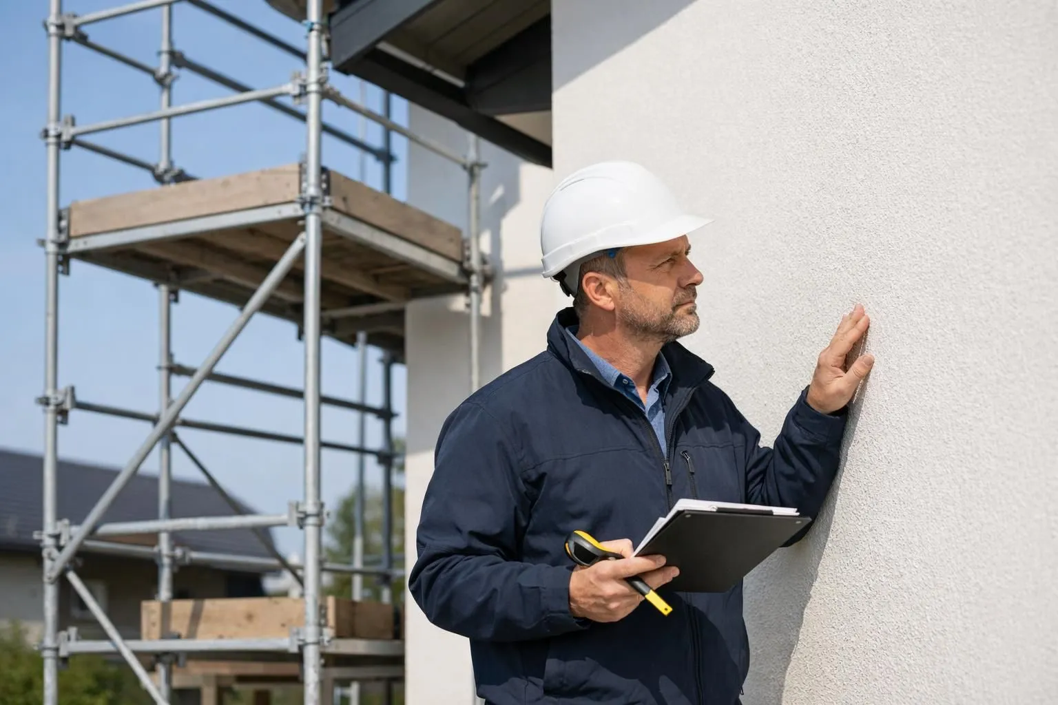 Professional contractor in work clothes examining a residential house facade with scaffolding installed, holding a clipboard and measuring tape, inspecting the wall surface condition on a clear day