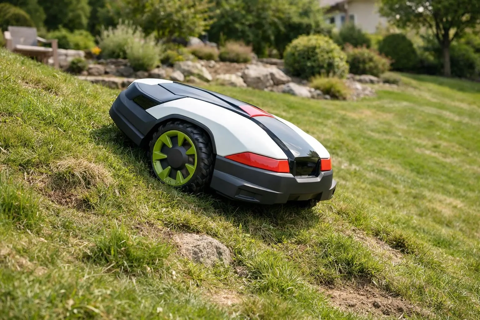 Modern robotic lawnmower with large grippy wheels climbing a steep grassy slope in a residential garden with visible bumps, small rocks and uneven terrain patches, realistic outdoor photography