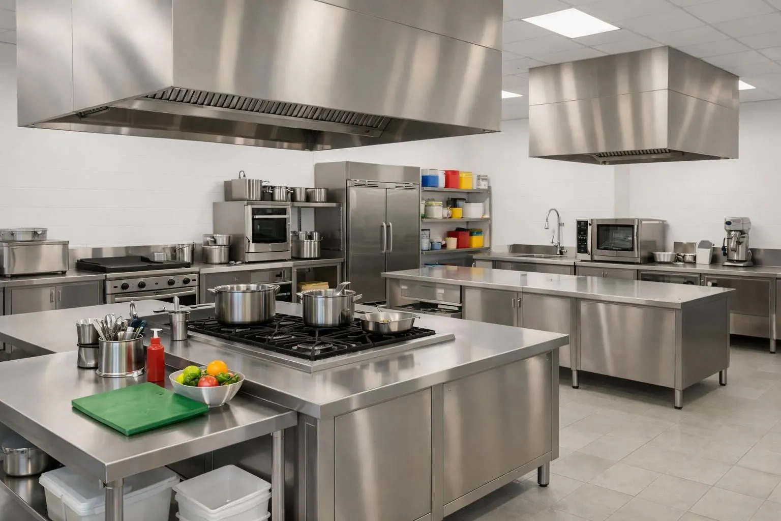 Modern professional kitchen with pristine painted walls in bright white, showing stainless steel appliances and spotless surfaces highlighting durability and hygiene standards, no text or labels visible