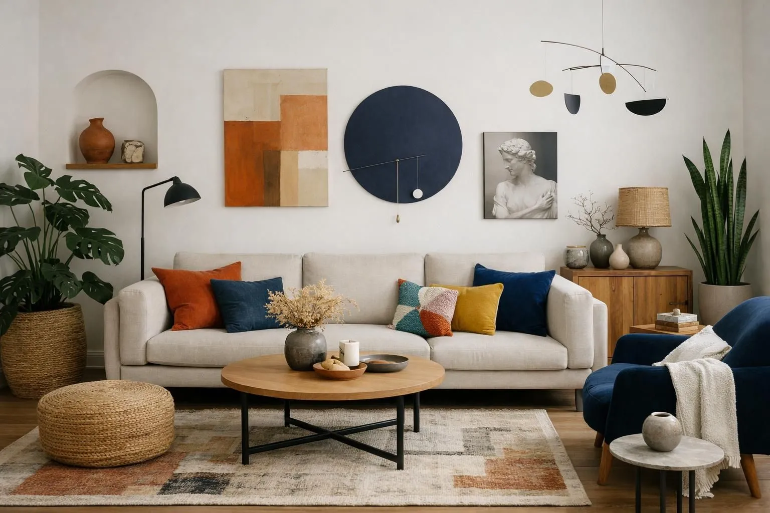 Modern French living room featuring a mix of design styles with neutral furniture, vibrant cushions, indoor plants, and contemporary artwork on walls, showcasing personalized decoration choices