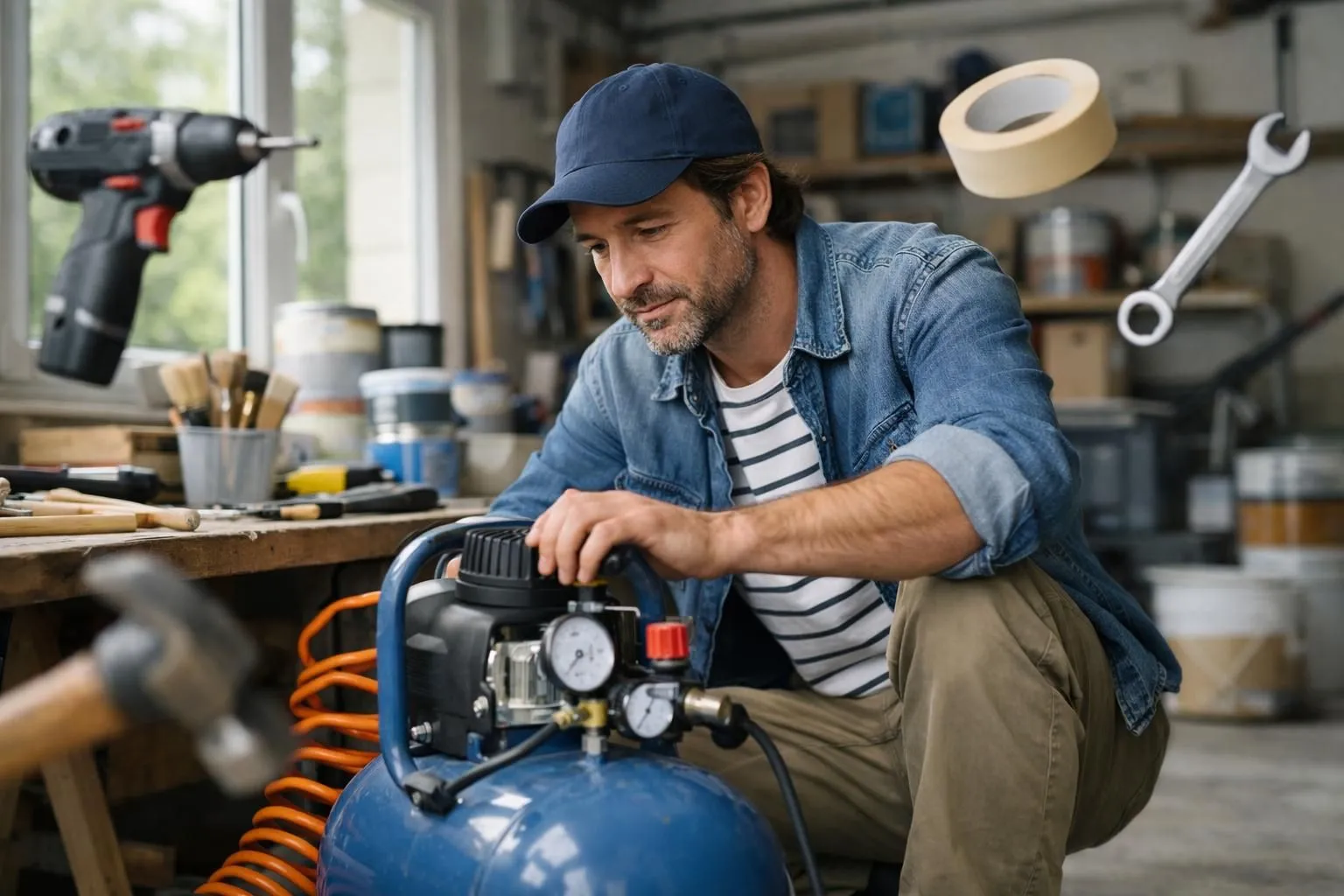 French homeowner in casual clothes examining air compressor in residential garage workshop with renovation tools on workbench and paint cans visible, natural lighting through window, realistic photography style