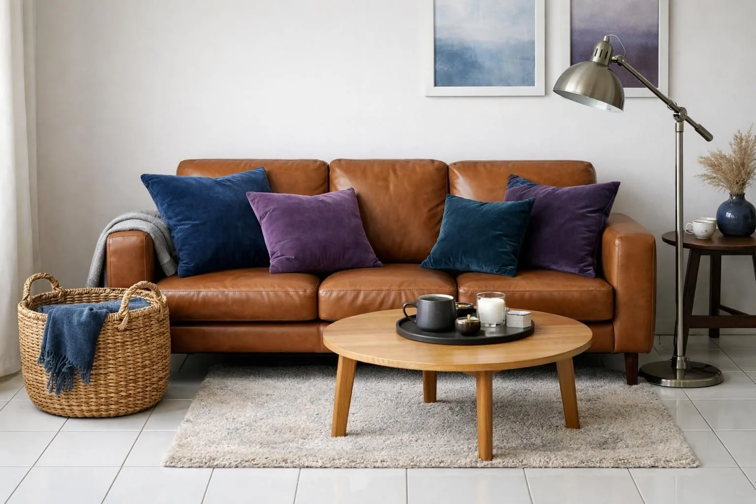 Cozy leather sofa with colorful pillows, wooden coffee table, and lamp.