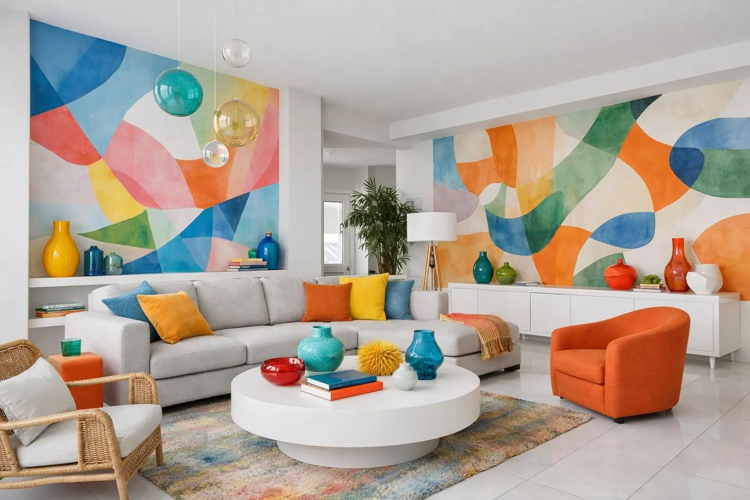 Vibrant, colorful, modern living room with abstract wall art.