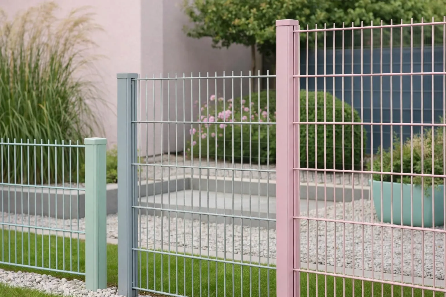 Close-up view of residential rigid wire fence panels in different heights arranged in perspective showing galvanized and green RAL 6005 coated panels with visible mesh detail and posts in garden setting