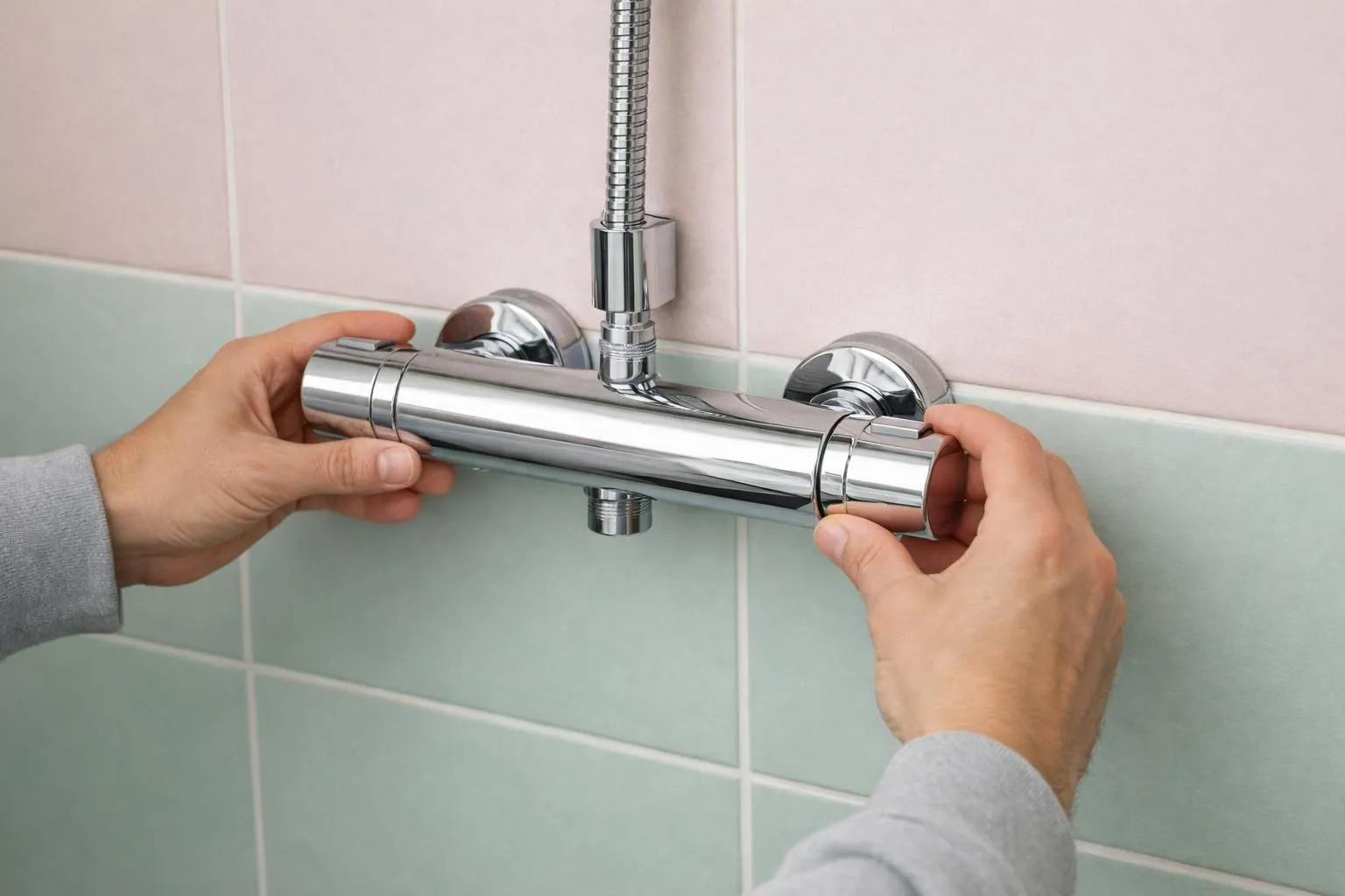 Hands installing a chrome thermostatic shower mixer valve.