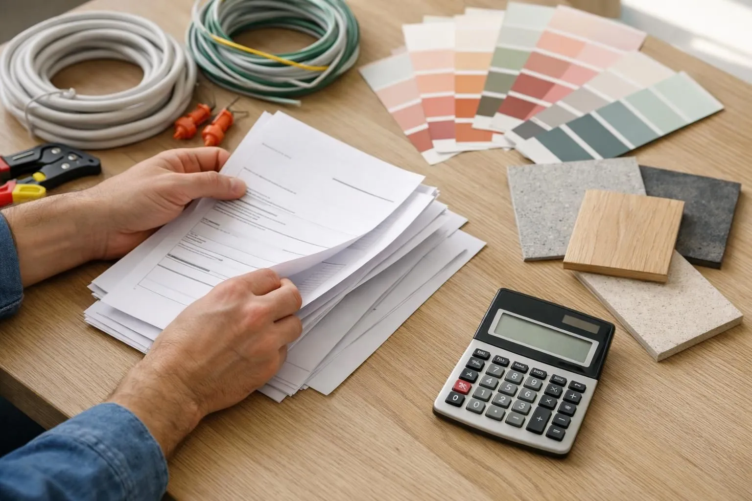 Close-up photograph of hands arranging renovation budget documents and material samples on a table, including electrical wiring samples, paint swatches, flooring tiles, and a calculator showing renovation costs for a 25 square meter student studio apartment, with natural daylight illuminating the workspace, realistic documentary photography style