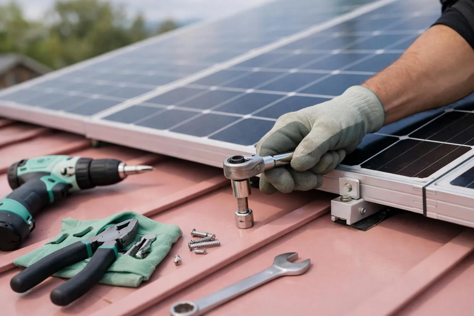 Solar panel installation with tools and equipment.