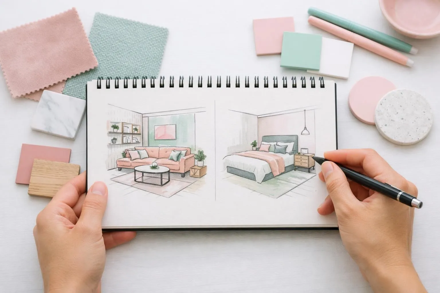 Sketches of a living room and bedroom in pastel colors.