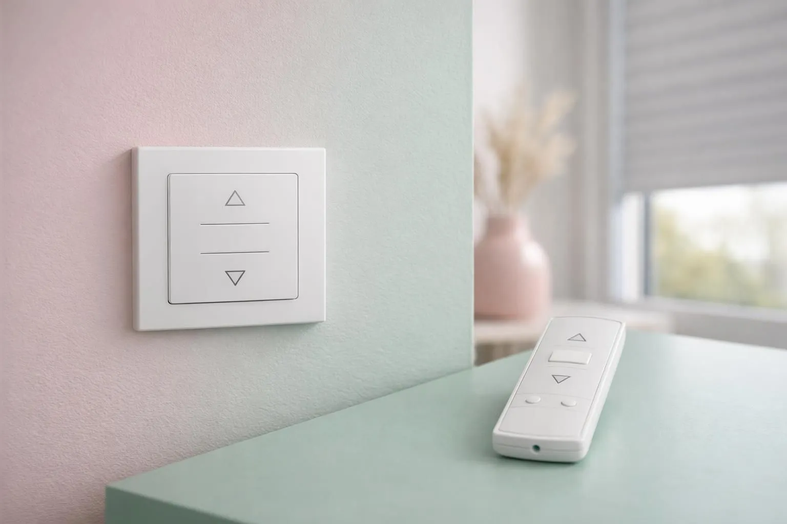 Modern white electric roller shutter control panel mounted on wall next to window with wireless remote control placed on wooden surface in contemporary living room with natural lighting