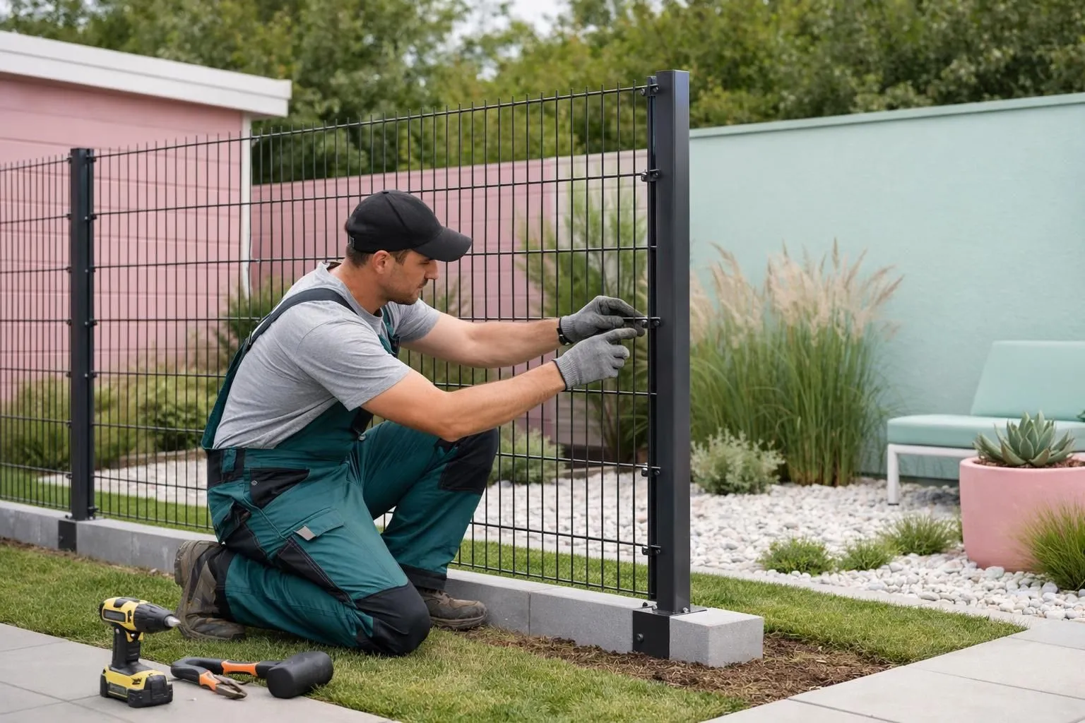 A person in work attire installing a metal fence in a garden.