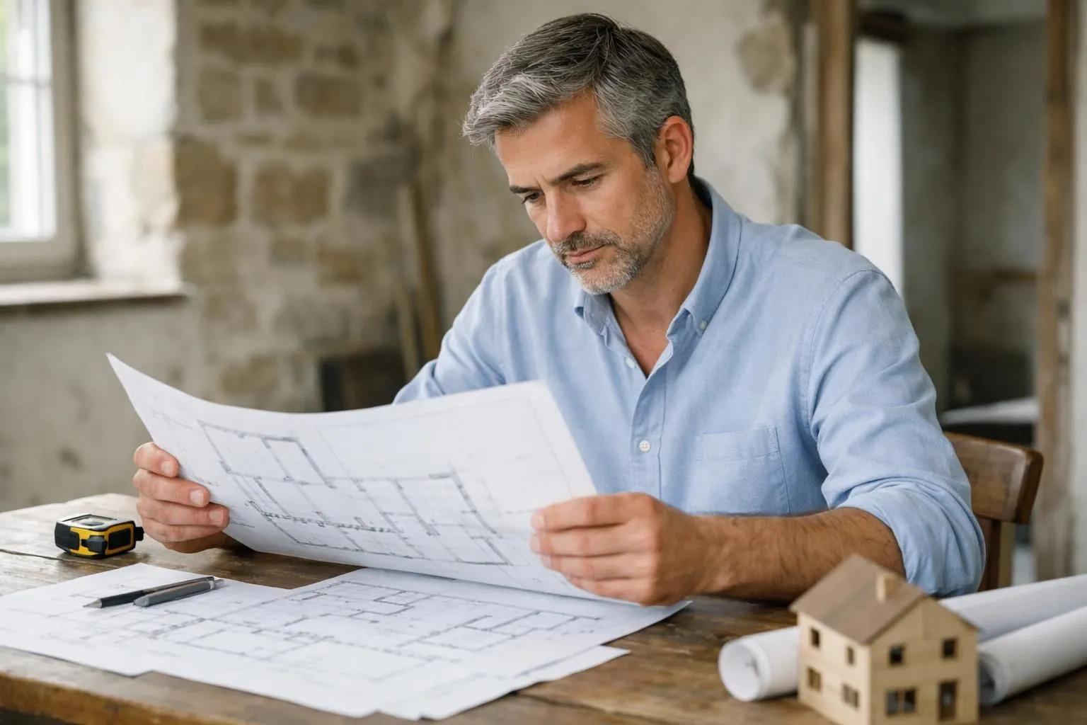 Middle-aged man reviewing architectural plans on a wooden table.