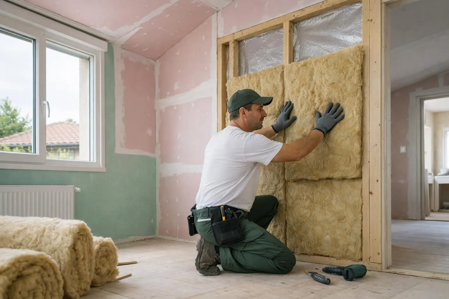 Modern French home interior during renovation showing insulation installation on walls, with visible energy efficiency certificate and homeowner consulting with contractor, natural daylight through windows, warm realistic atmosphere