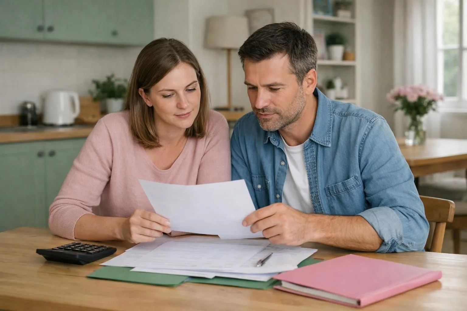French family reviewing financial documents at home kitchen table, calculator and paperwork visible, warm domestic setting showing middle-class household