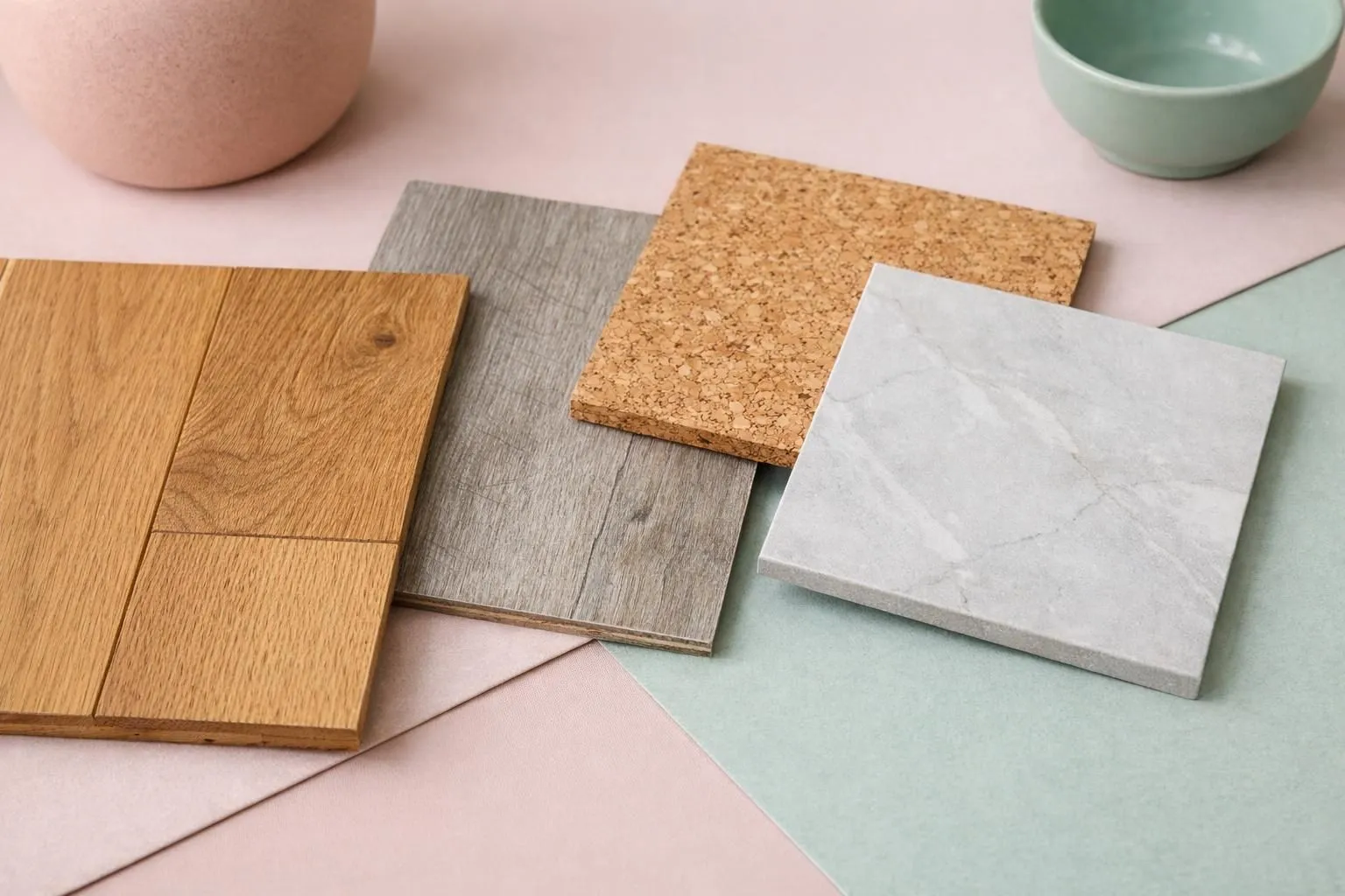 Various material samples, including wood, cork, and marble.