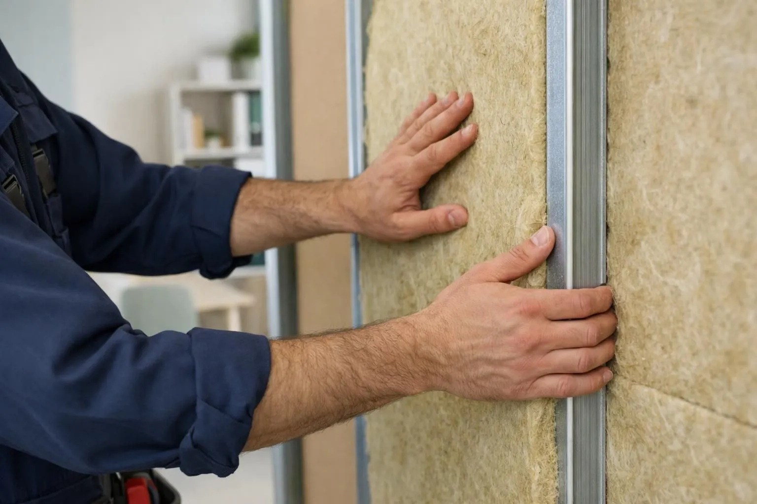 Hands installing insulation material on a wall.