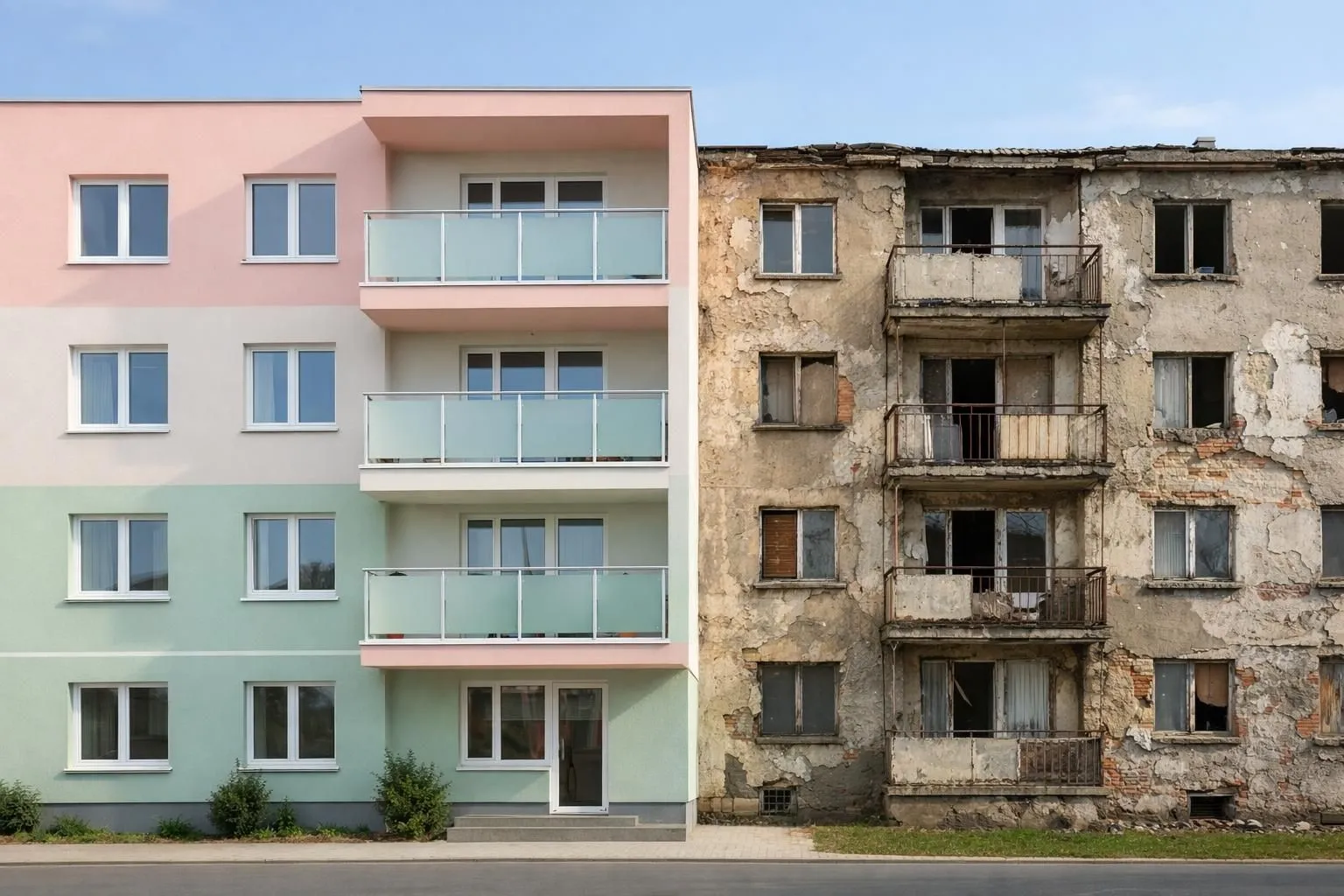 Split comparison showing a damaged cracked facade with visible deterioration and humidity stains on one side, and a freshly renovated clean facade with smooth finish and modern coating on the other side, realistic architectural photography style, construction industry focus