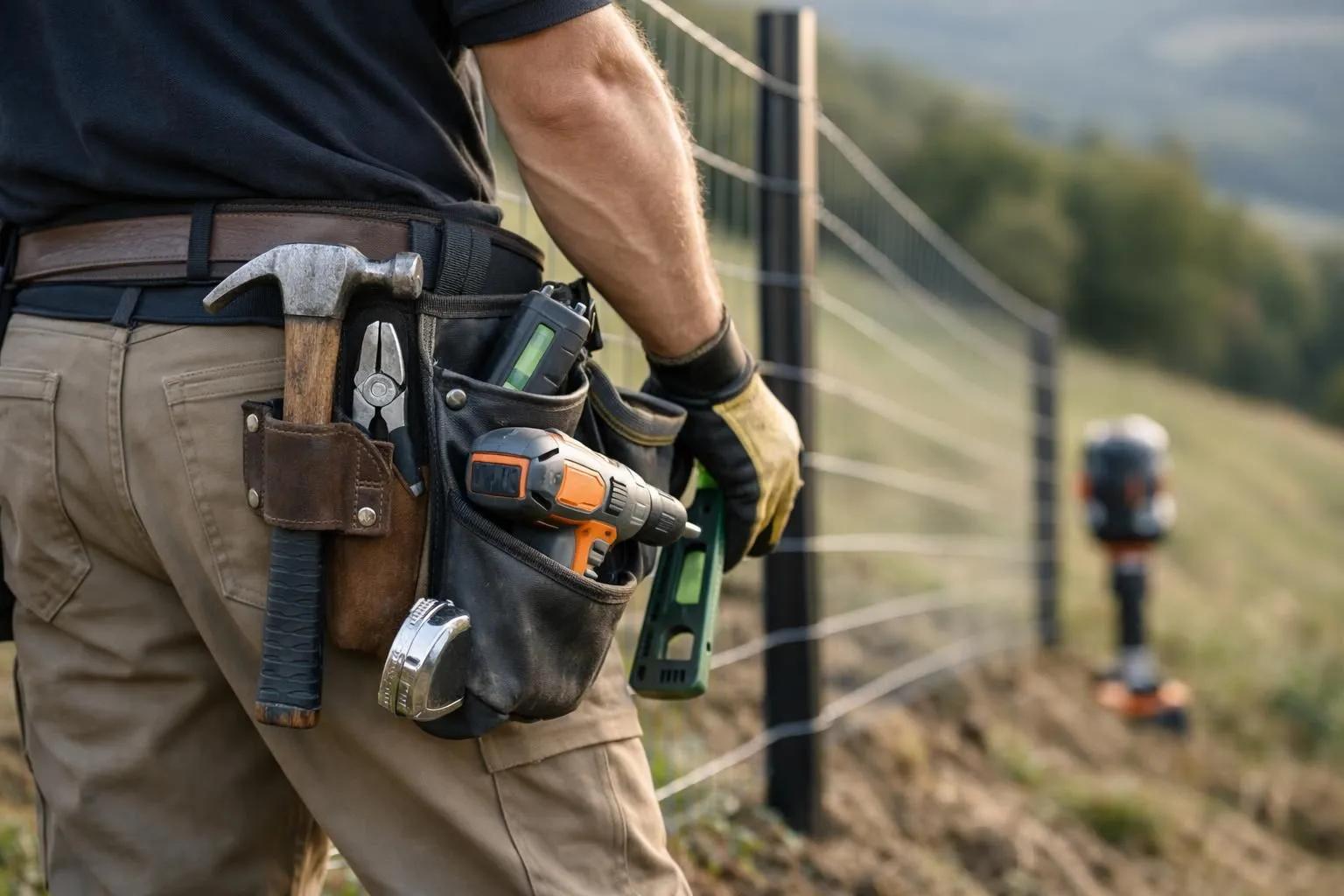 A person wearing a tool belt with various tools and equipment.