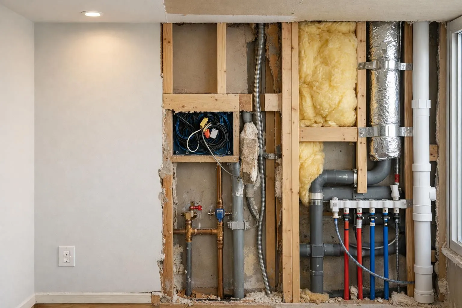 A split-screen composition showing three renovation phases in a student studio apartment: left section displays fresh white walls with new flooring and basic fixtures for light renovation, center section shows partially exposed walls with visible electrical wiring and plumbing installations for standard renovation, right section reveals complete construction work with workers installing insulation and modern systems for full renovation, realistic photography style with natural lighting highlighting different work intensities